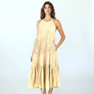 FREE PEOPLE Jars Of Hearts Pleated Gathered Tiered Midi Dress Mixed Fabrics S